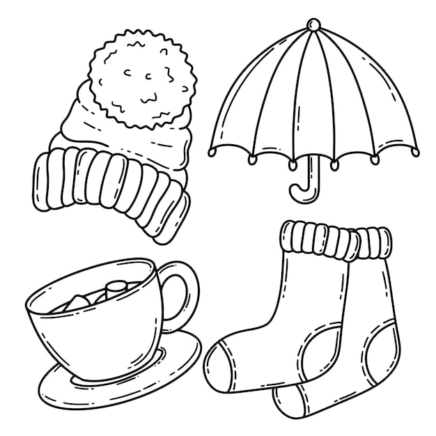 Vector vector set winter hat warm socks umbrella hot chocolate with marshmallows