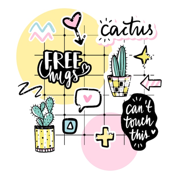 Vector set con cactus, frasi positive, elementi.