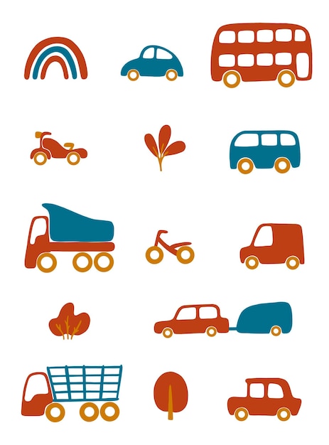 Vector set with cartoon vehicles passenger cars buses bikes trucks trailer plants rainbow