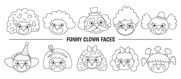 Set vettoriale con facce clown artisti circensi avatar clipart pacchetto di icone per le vacanze di divertimento