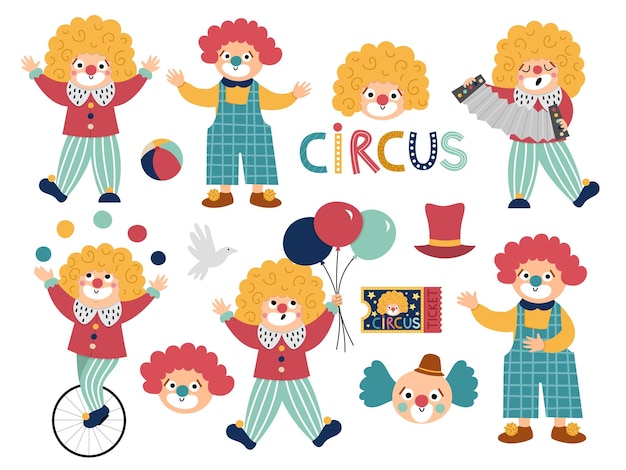 Векторный набор с клоунами клипарт артистов цирка набор иконок праздника развлечений симпатичные забавные персонажи фестиваля клип-арт уличное шоу комики иллюстрация с воздушными шарами колесо гармоника