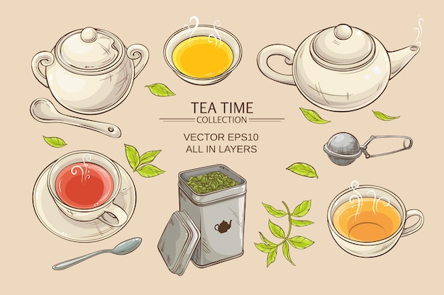 Vector set  with cups,  teapot,  sugar bowl, tin packaging and tea strainer on color background