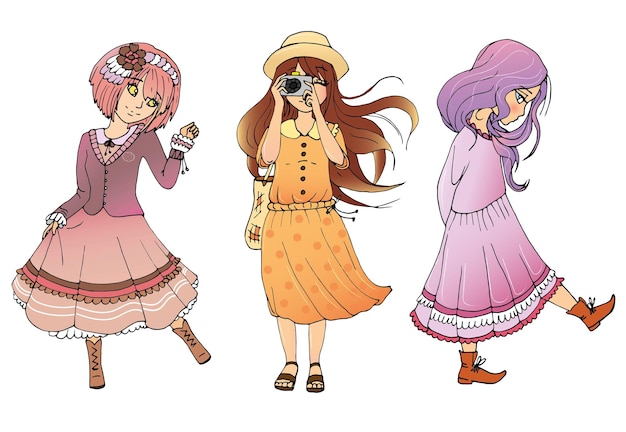 Vector vector set with cute cartoon anime girls. sticker pack