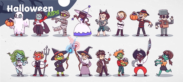 Vector vector set with cute children in festive costumes. funny little boys and girls celebrating halloween