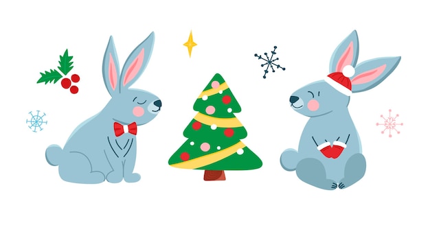 Vector vector set with cute christmas bunnies in cartoon style symbol of the year christmas tree