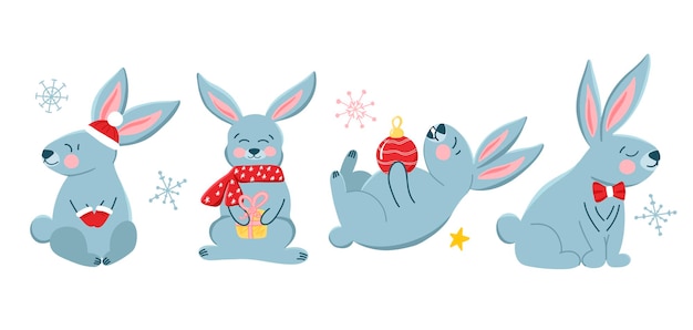 Set vettoriale con simpatici coniglietti di natale in stile cartone animato simbolo dell'anno simpatici animali da vacanza