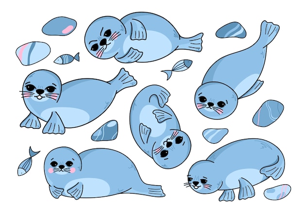 Vector set with cute sea seals fur seals funny sea animals in cartoon style Children's illustration for postcards posters pajamas fabrics clothes stickers