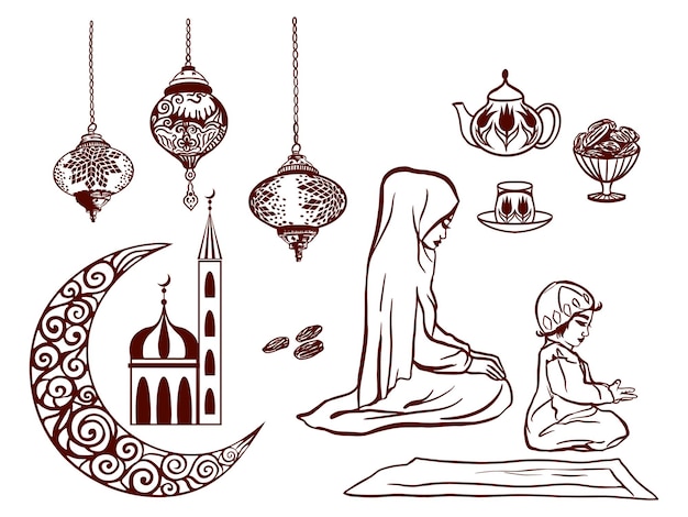 라마단에 대한 요소가 있는 벡터 세트 찻주전자 컵 이프타르는 초승달 동양 등불을 어린이와 모스크에서 읽는 여자와 데이트합니다.
