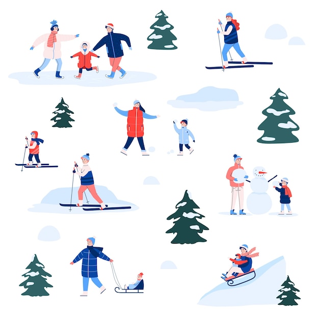 Vector set with fun outdoor activities for children and adults in winter season