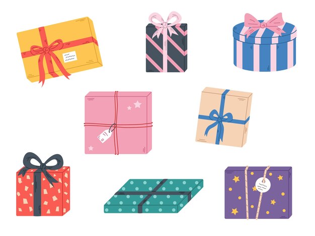 Vector set with gift boxes Presents with ribbon rope and bow Gifts with labels Cute illustration with striped or polka dots presents for Christmas Birthday or other celebration in flat design