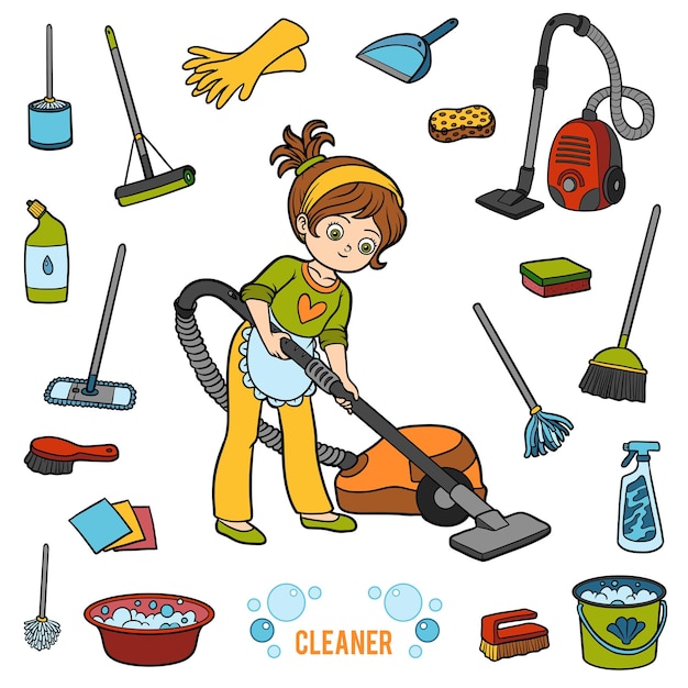 Vector set with girl and objects for cleaning. Cartoon colorful items