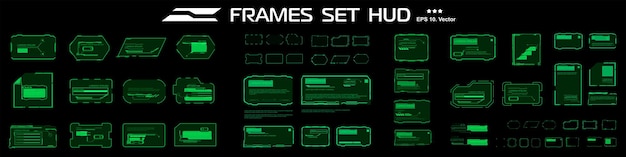 グリーンフレームのベクトルセット テキスト情報ブロックのデジタルウィンドウ HUD UIダイアログフレーム