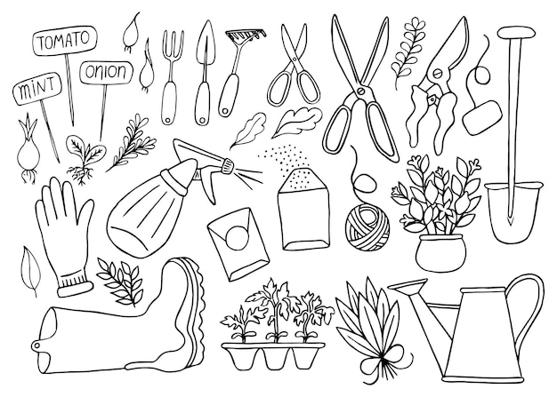 Set vettoriale con scarabocchi isolati disegnati a mano sul tema del raccolto di attrezzature agricole per attrezzi da giardino da giardino