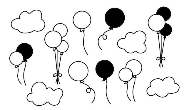 Векторный набор с воздушными шарами и облаками Ручной рисунок на день рождения или поздравительные открытки Коллекция с черными силуэтами на белом изолированном фоне