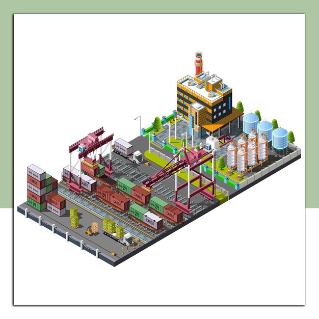 Vector set with industrial construction cranes on the railway that make loading delivery