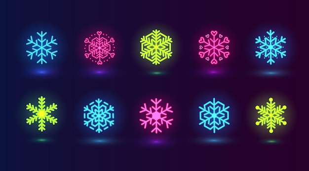 Vector set with neon colorful snowflakes winter pink blue green icons on dark blue background