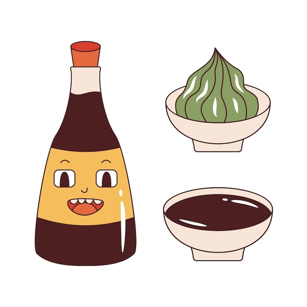 Vector vector set with soy sauce maskot wasabi and soy sauce in sauce boat asian sauce collection in retro style