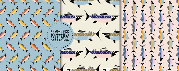 Vector vector set with stylized fish in scandinavian style print seamless pattern background design