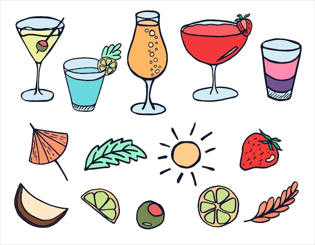Векторный набор с летними коктейлями маргарита, мохито и фруктами в стиле каракули