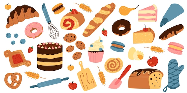 漫画スタイルの甘いケーキのベクトルセット 焼き物や器具 手描きスタイル