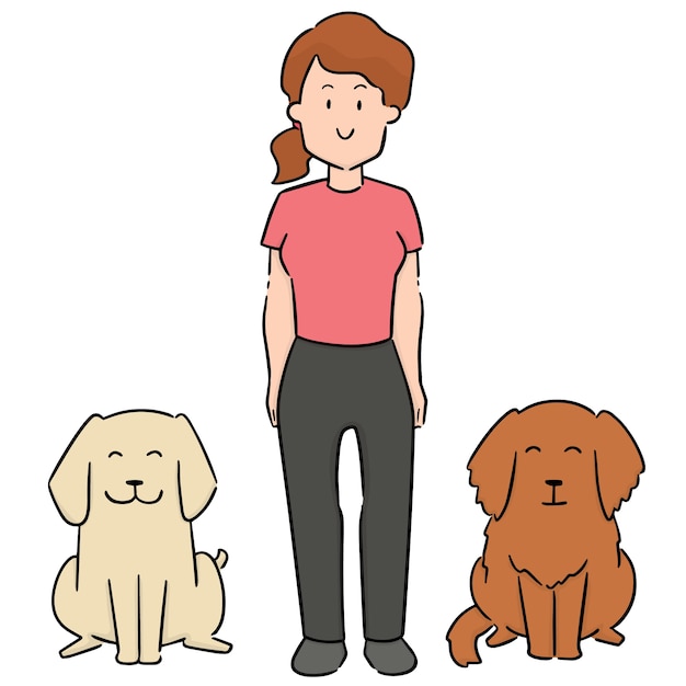 Vector set of woman and dogs