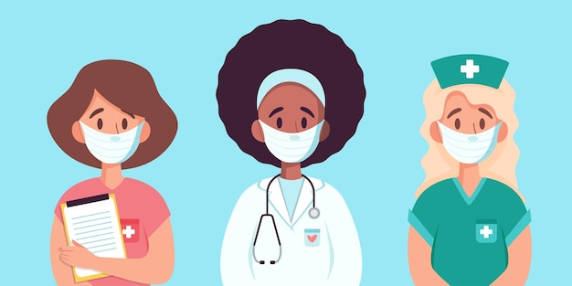 医療ユニフォームとフェイスマスクの女性のベクトルセット女性医師と看護師ベクトルイラストコロノウイルス