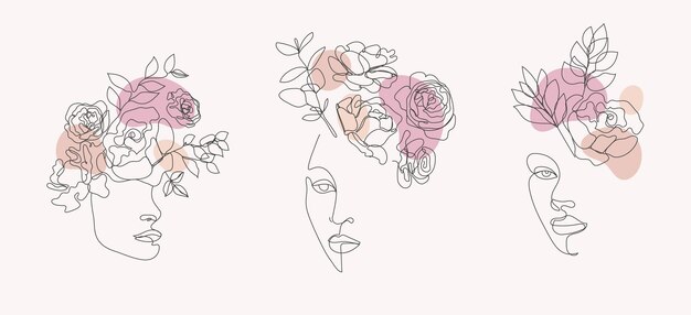 Vettore set vettoriale di volti di donne corpi line art illustrazioni loghi con fiori e foglie concetto di natura femminile utilizzare per stampe tatuaggi poster logotipi tessili carte ecc volti di belle donne