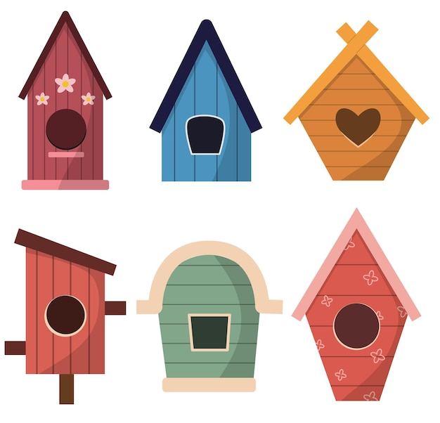 Vector set of wooden birdhouses of different shapes and sizes colorful birdhouses