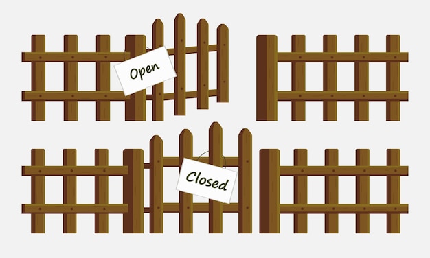 Векторный набор деревянных заборов с знаками с открытыми и закрытыми воротами Милая картинка в мультяшном стиле