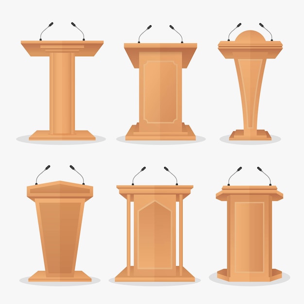 Vector vector set wooden podium tribune with microphones