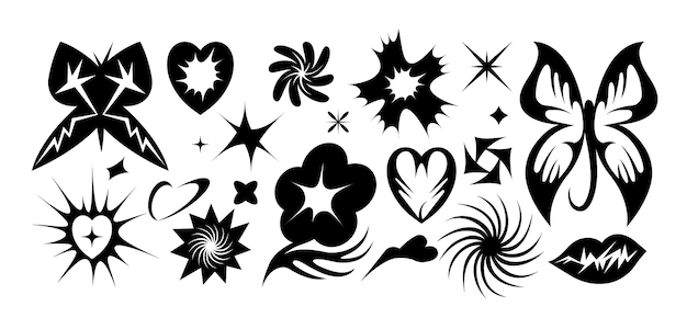 Vector set of y2k icons or stickers brutalist design tattoo compositions or prints psychedelic style