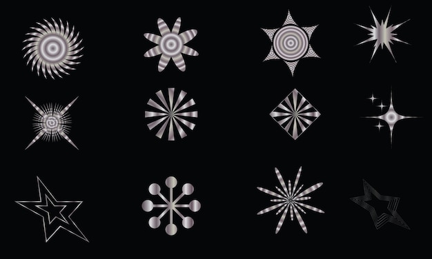 Vector set of Y2K stars starburst and retro futuristic graphic ornaments for decoration Y2K design