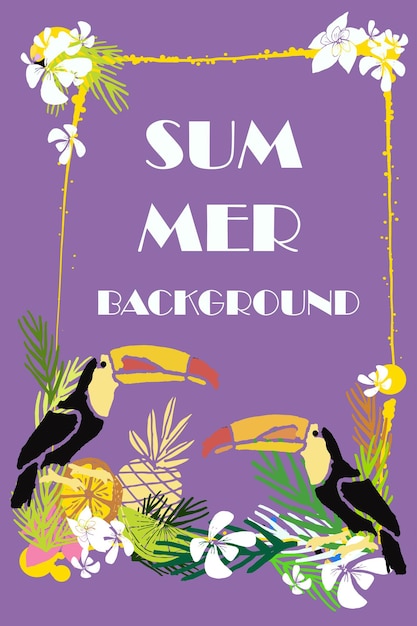 Vector set zomer heldere tropische achtergronden met fruit palmen flamingo toekans