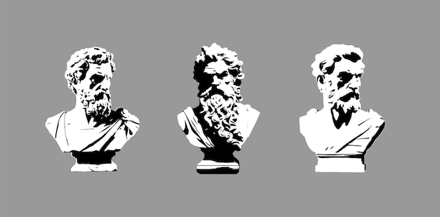 Vector vector set zwart-wit griekse rome antieke standbeeld mannen hoofd