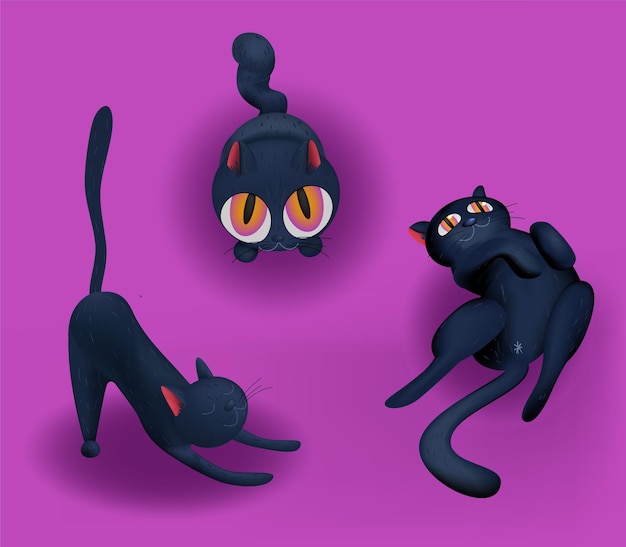 Vector set zwarte katten in schattige poses.