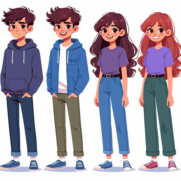 Vector sets of cartoon characters each with a boy and a girl portrayed in a casual style