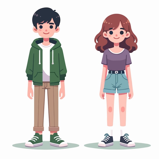 Vector sets of cartoon characters each with a boy and a girl portrayed in a casual style