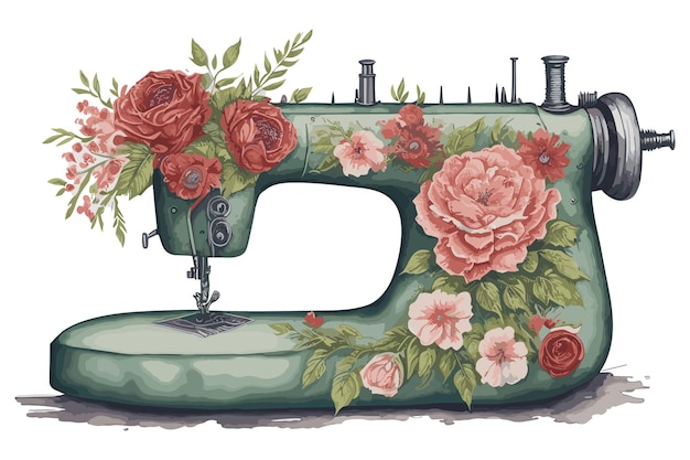 Vettore illustrazione vettoriale della macchina da cucire con fiori