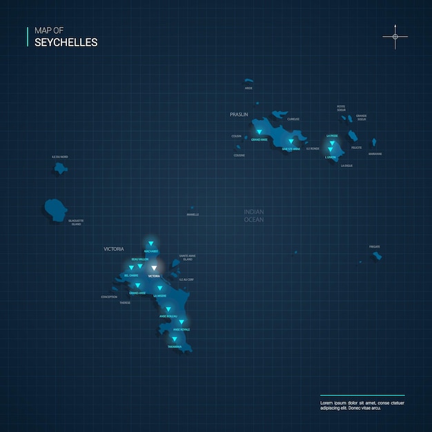 Vector vector seychelles map illustration with blue neon lightpoints