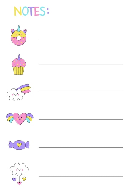 Vector sheet for making notes with cute kawaii pictures