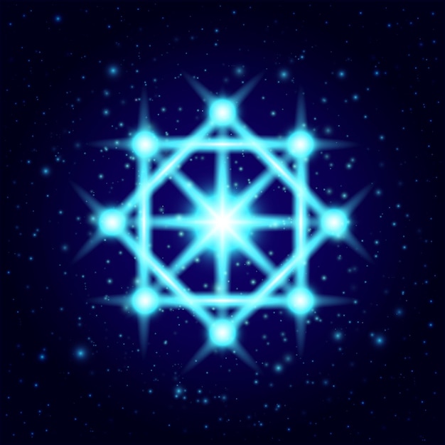 Vector shine spiritual symbol in dark sky. Sacred geometry