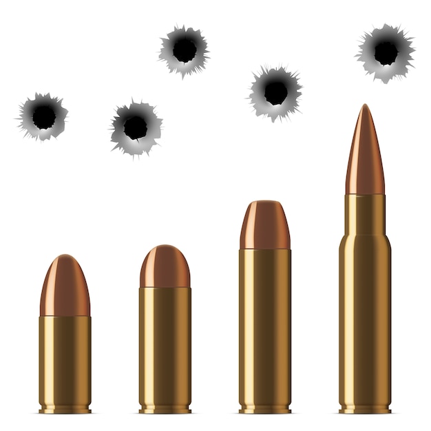 Vector vector shot gun bullets and bullet holes isolated on white