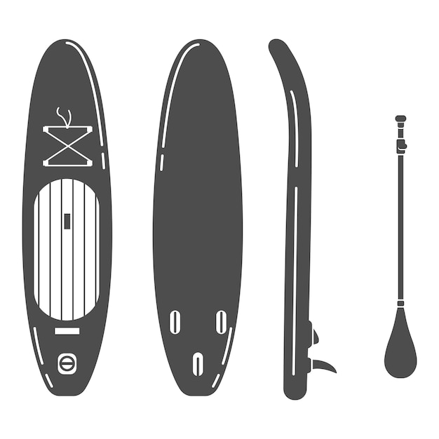 Vector silhouet van sup board en paddle black icons supboard set