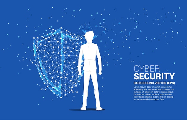 Vector silhouet van zakenman met bescherming schild icoon van dot connect lijn veelhoek netwerk concept van bewaker beveiliging en veiligheid