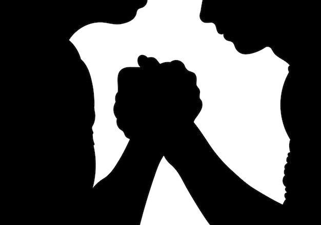 Vector silhouette in arm wrestling powerful handshake Muscular strong people men male