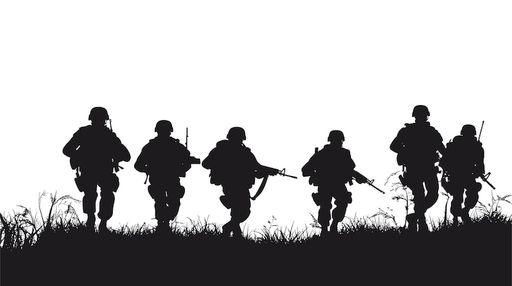 Vector vector silhouette of army military with machine guns on white background generative ai