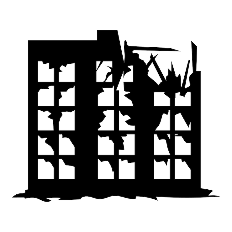 Vector vector silhouette of bombed or collapsed apartment building viewed from side angles affected by war