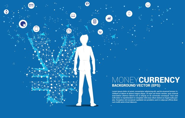 お金の中国元と日本円の通貨アイコンを持ったビジネスマンのベクトル シルエット