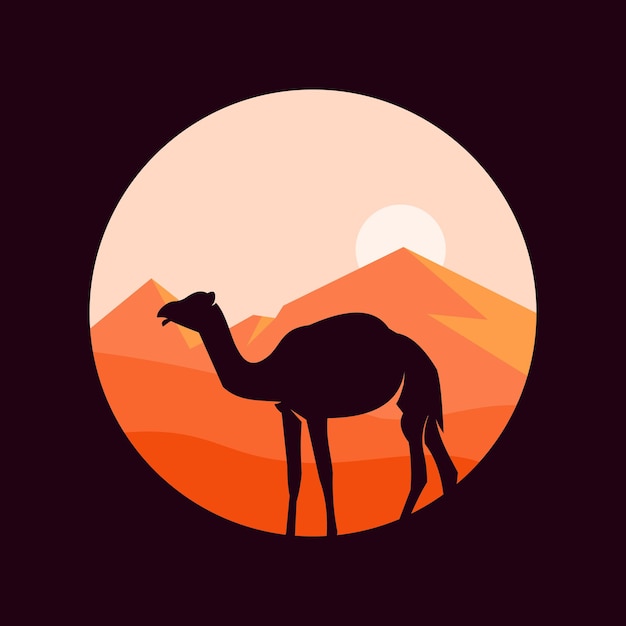 Vector vector silhouette of a camel against a sunny desert background flat style design