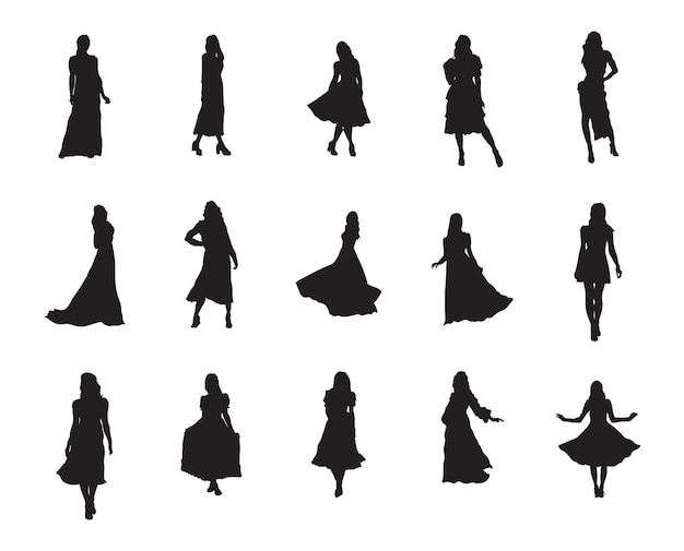 Vettore una collezione di silhouette vettoriali di donne in abiti per composizioni di opere d'arte.